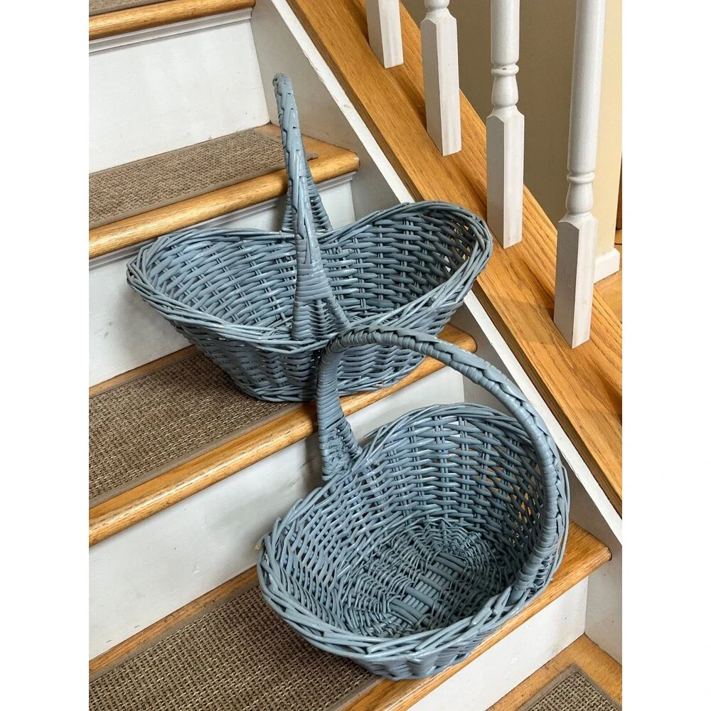 Vintage Primitive Grey Blue Rustic Buttocks Baskets (Set Of 2) Farmhouse Decor